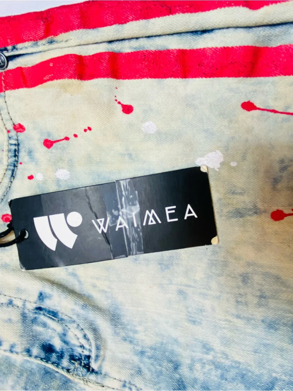 Waimea Boys 16 Skinny Fit Distressed Denim Shorts Paint Splatter Red Stripe